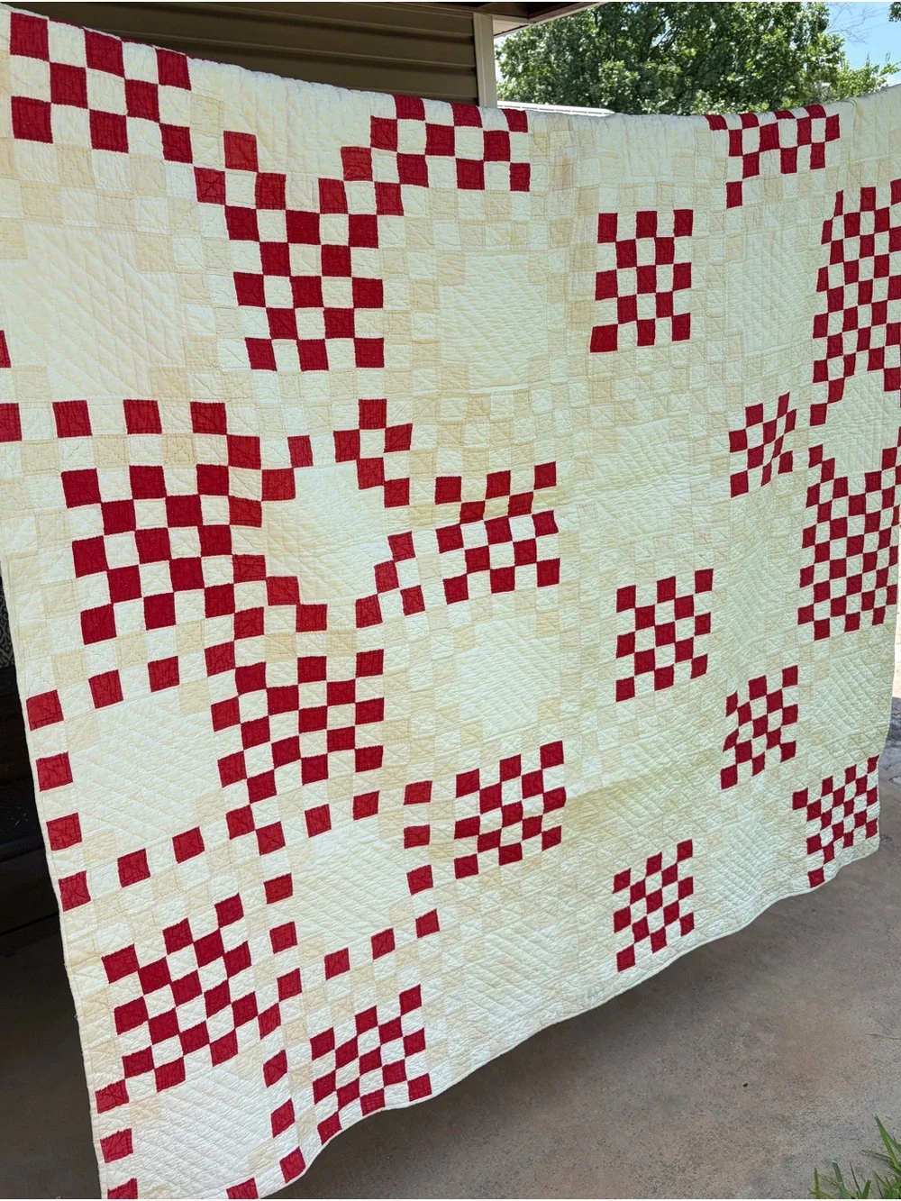 Vintage 1930-1940s Red & White Patchwork Checkered Feed Sack Quilt 65x74